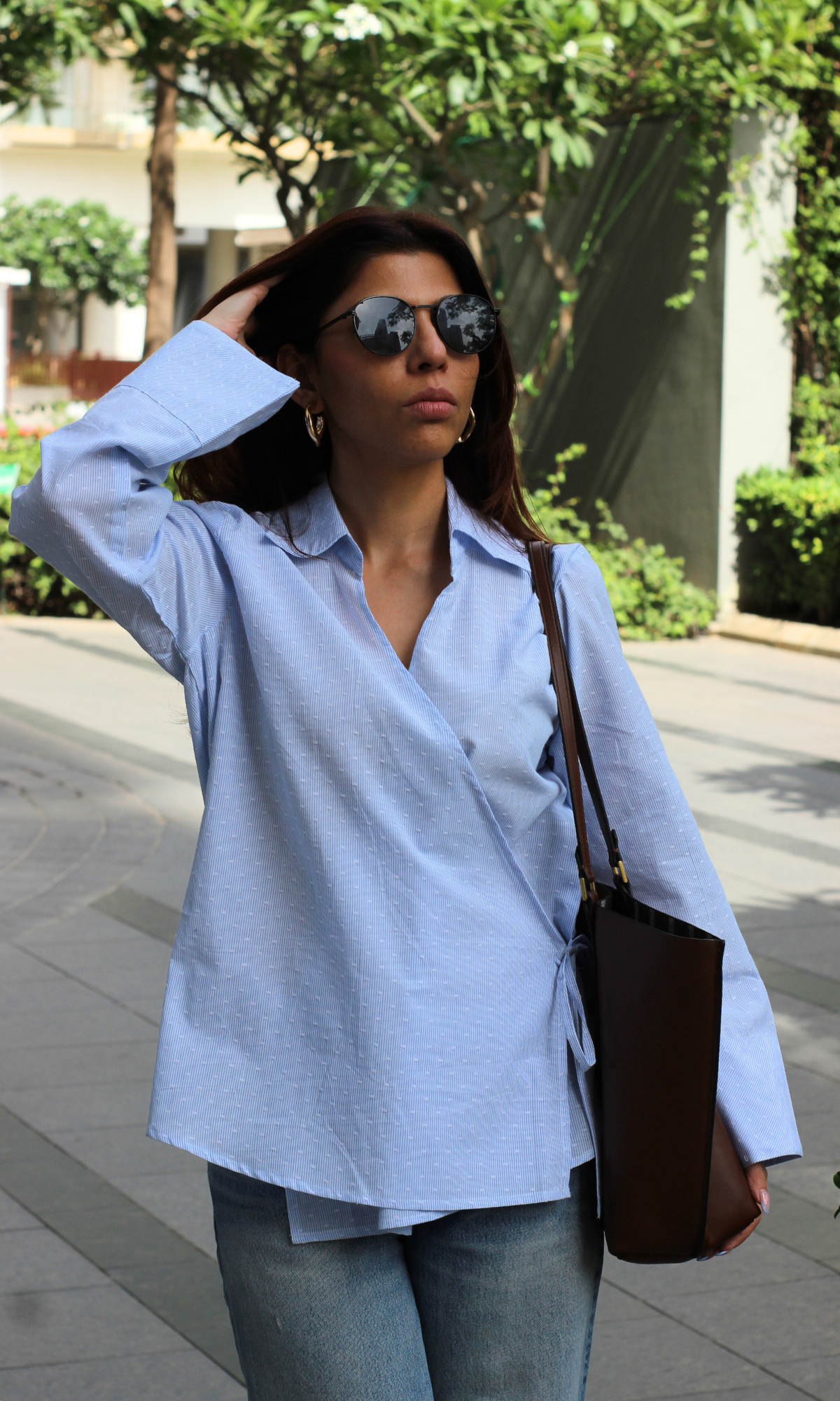 Blue-White Dobby Collared Cotton Kimono Top