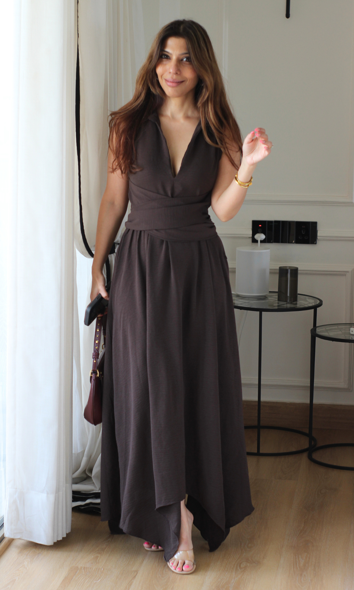 Mocha Wrap Handkerchief Hem Midi Dress