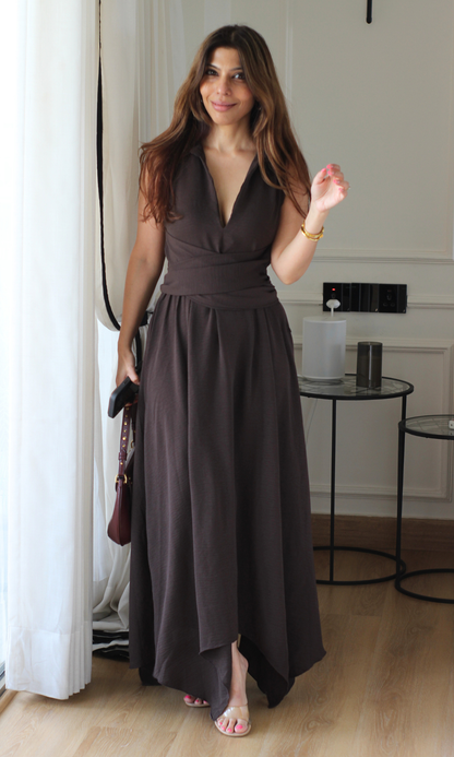 Mocha Wrap Handkerchief Hem Midi Dress