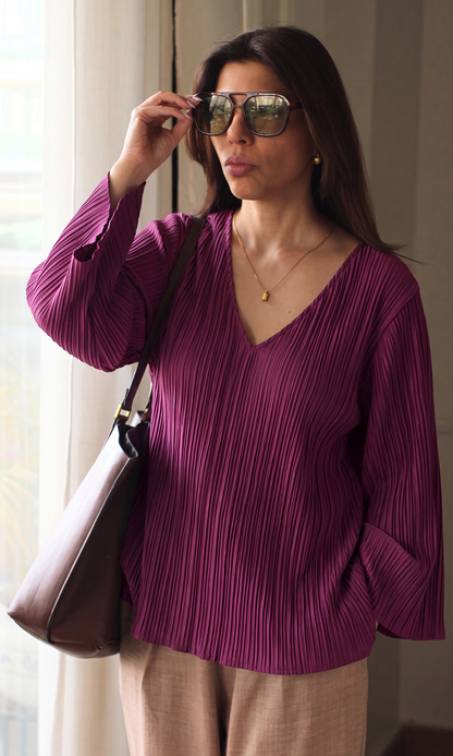 Wine Pleated V-Neck Top
