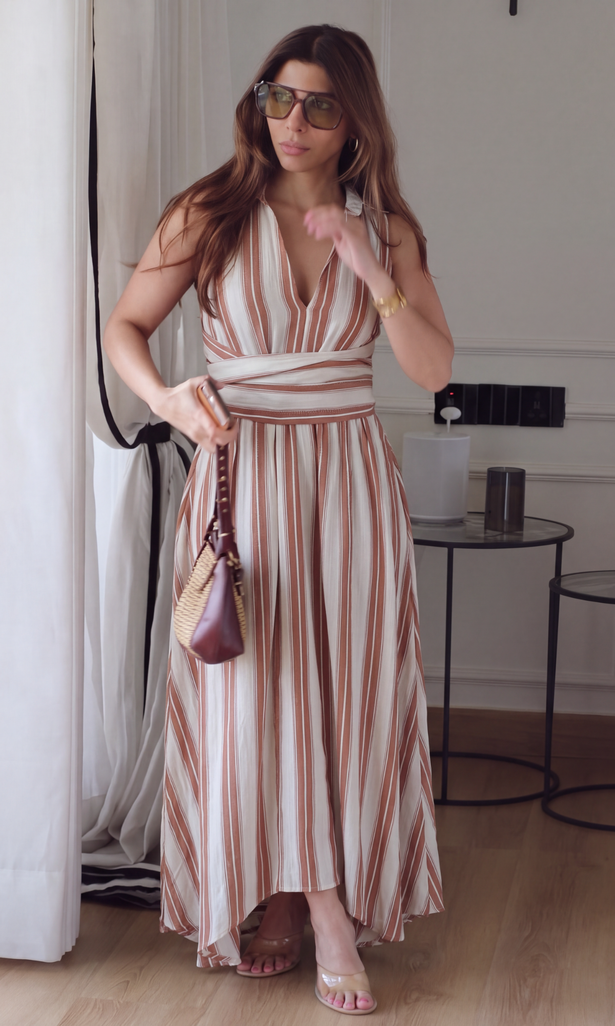 Copper Stripe Wrap Handkerchief Hem Midi Dress
