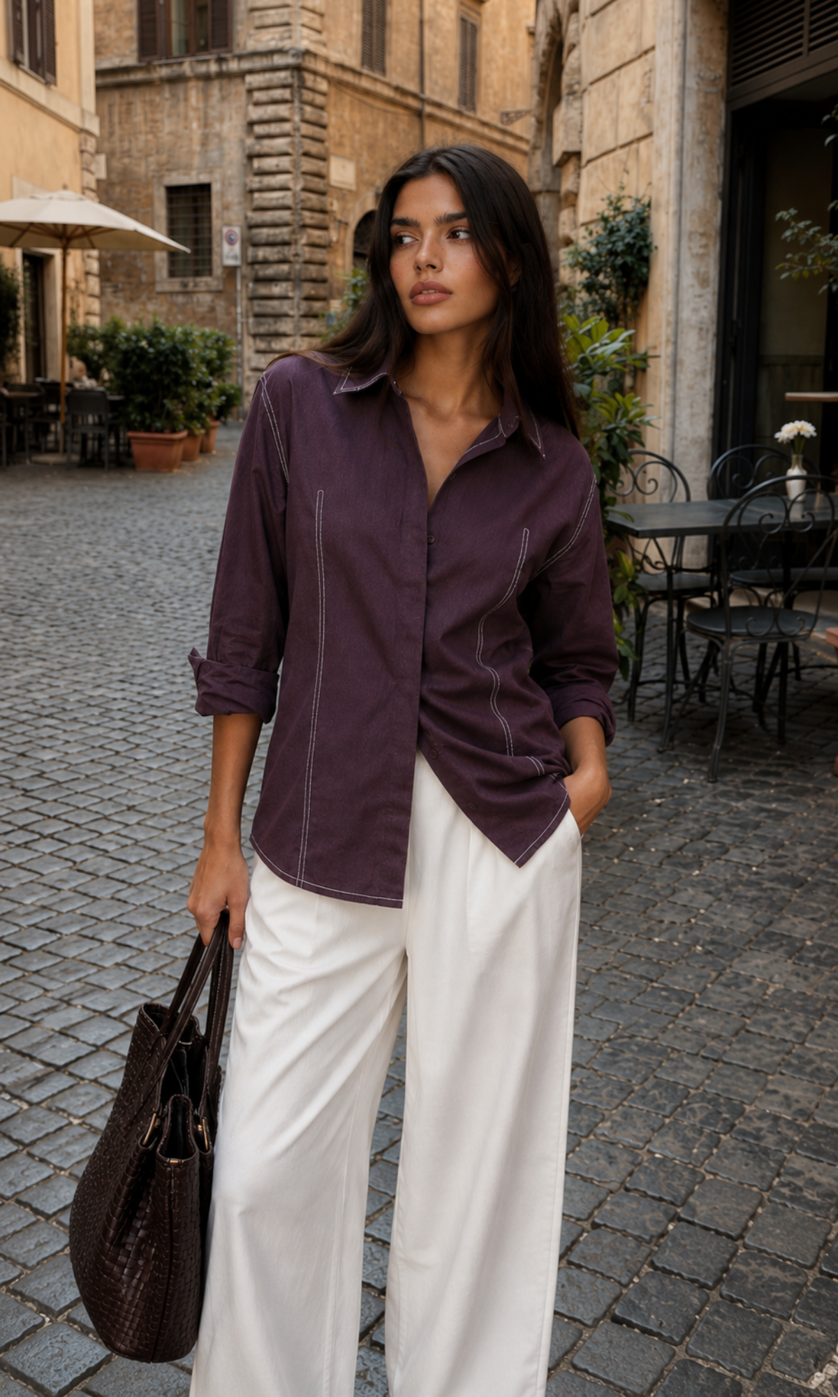 Purple Denim Contrast Dart-Stitch Shirt