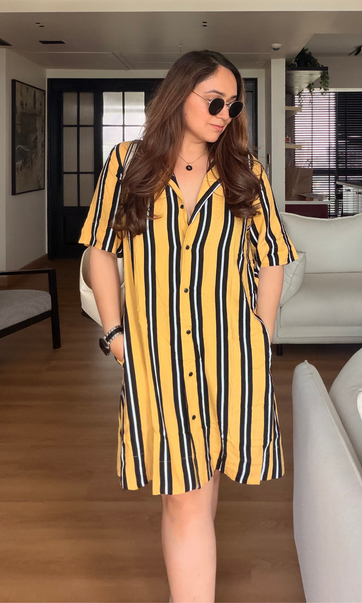 Mustard Stripe A-Line Shirt Dress