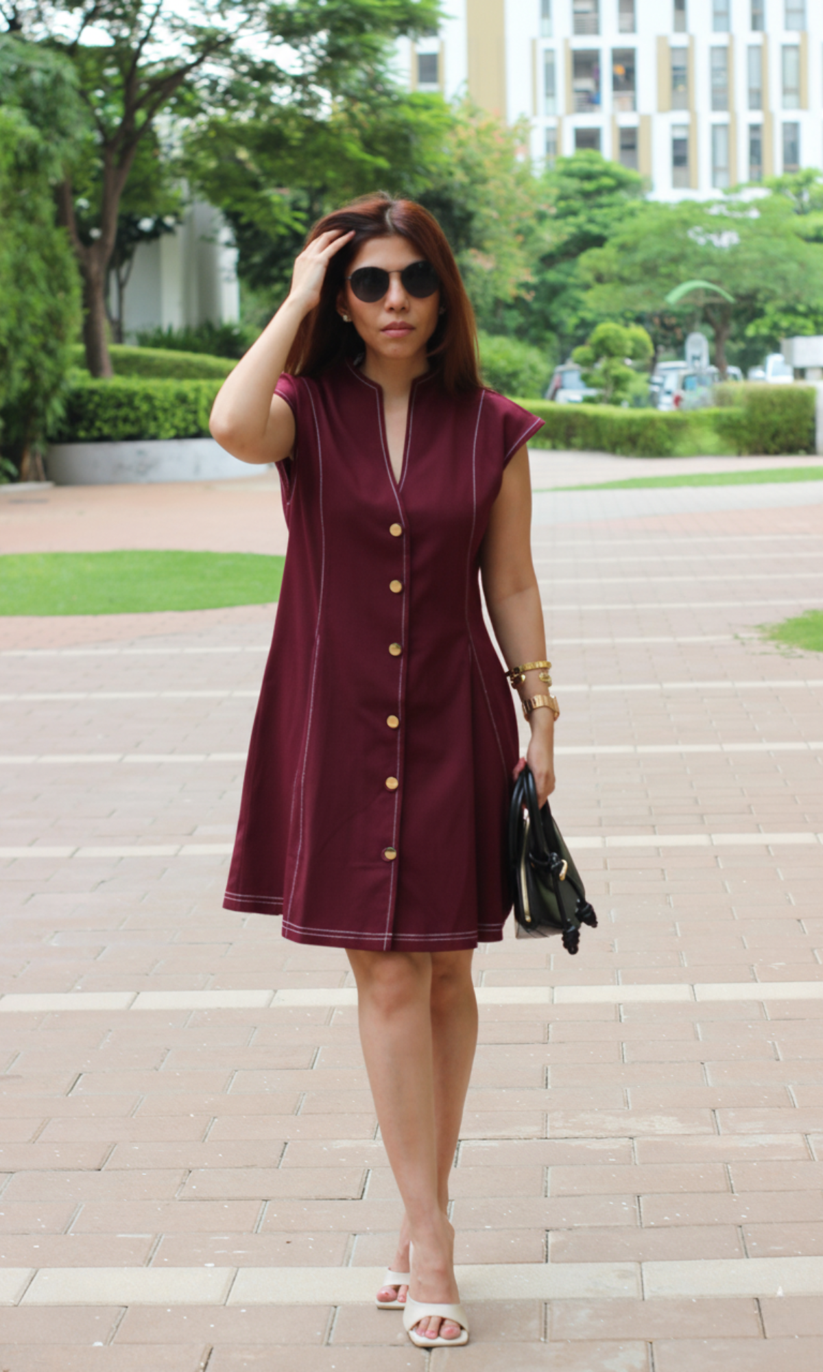 Merlot Thread Detail Metallic Buttoned Dress
