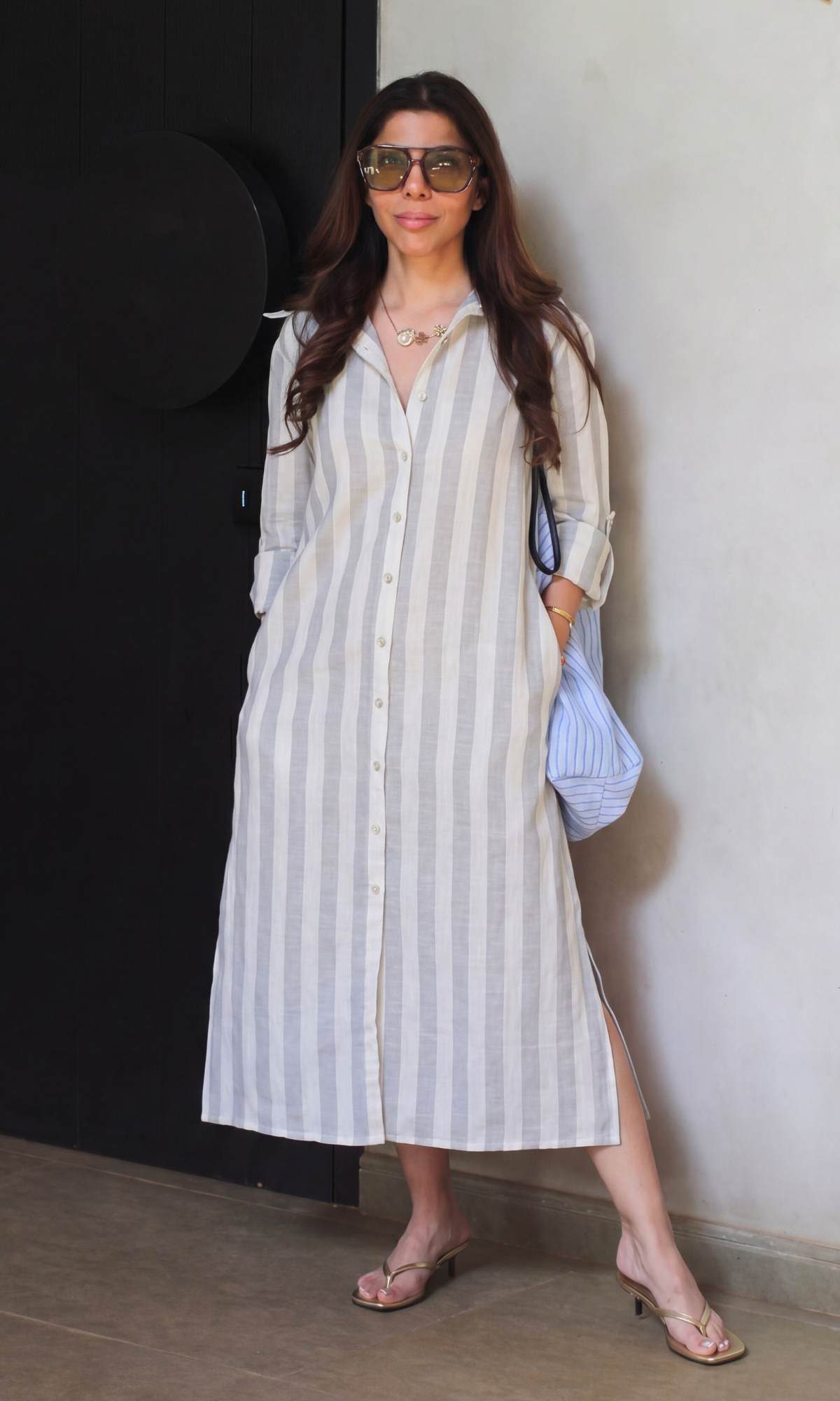 Ivory Greige Stripe Shirt Dress