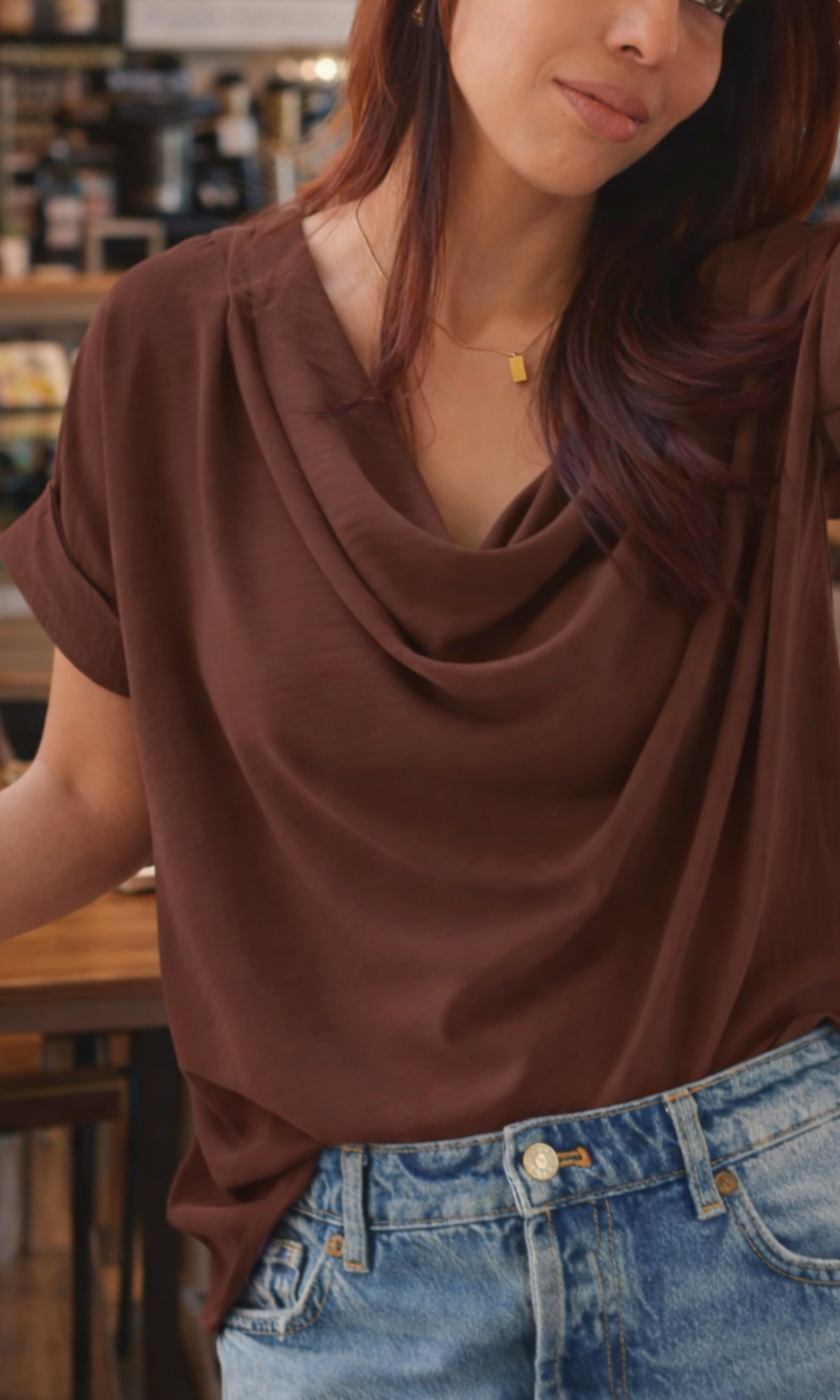 Cocoa Flowing Cowl Neck Top