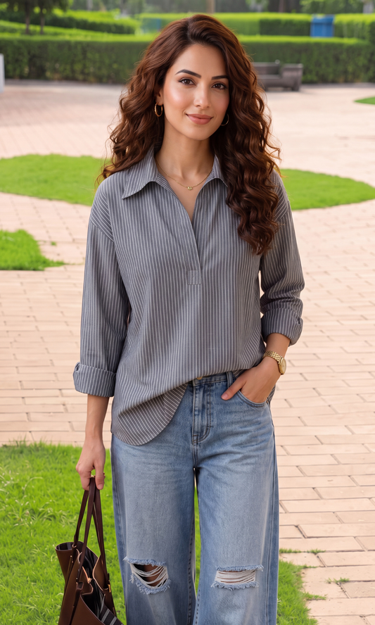 Slate Pinstripe Collared Popover Top