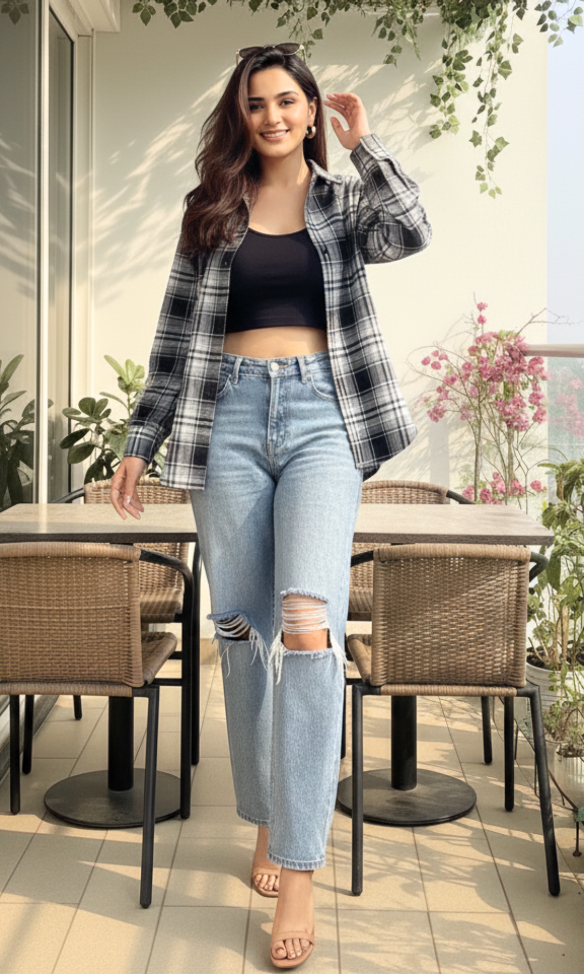 Chic black linen cut-detail kimono top, relaxed fit