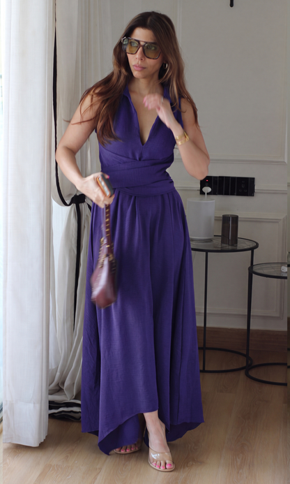 Purple Wrap Handkerchief Hem Midi Dress