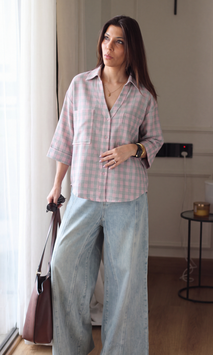 Pink Grey Check Cotton Cropped Shirt