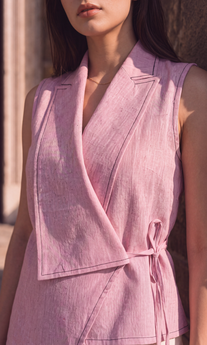Pink Cotton Contrast Shawl-Collar Top