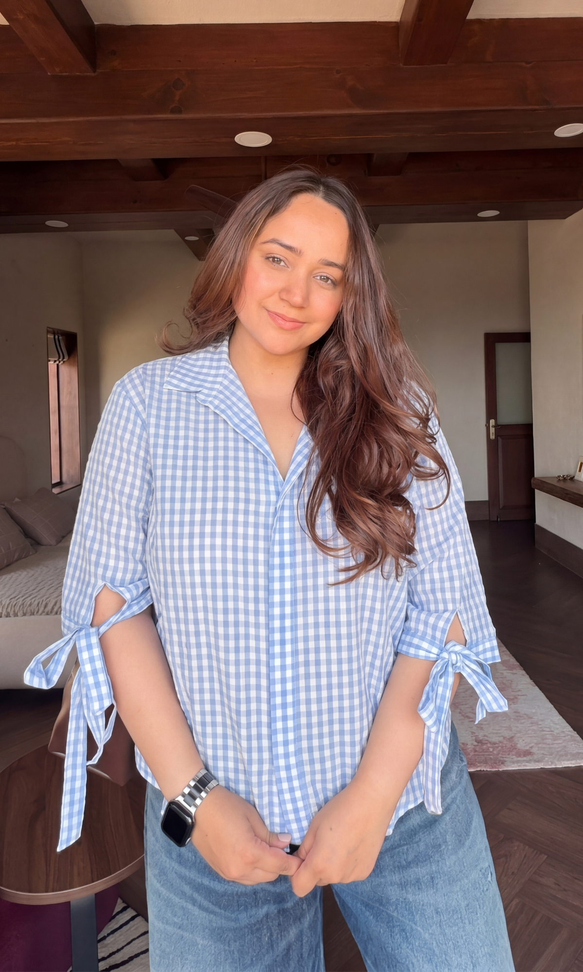 Blue Gingham Bow Detail Shirt