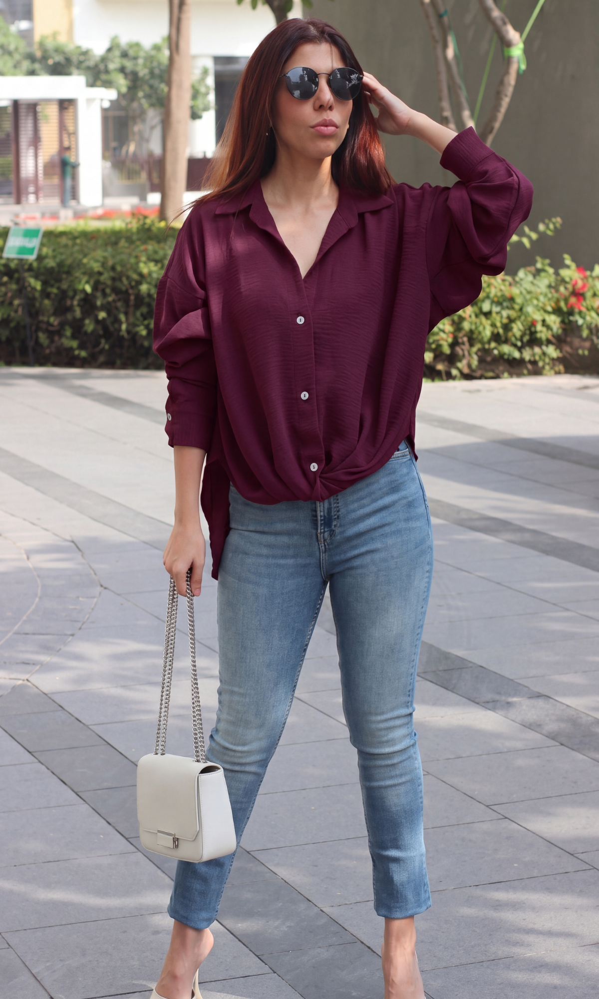 Wine Knot-Detail Flowing Shirt