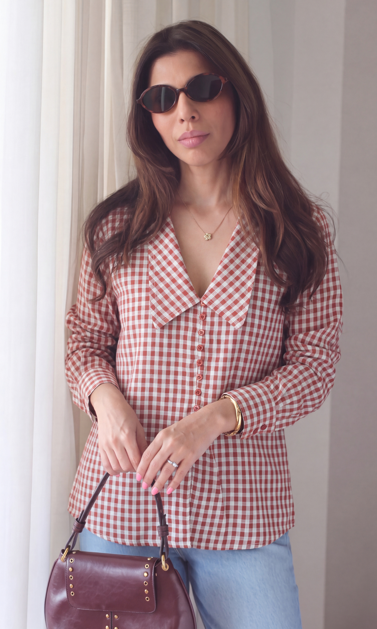 Red White Gingham Oversized Collar Shirt
