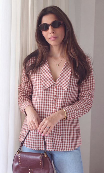 Red White Gingham Oversized Collar Shirt