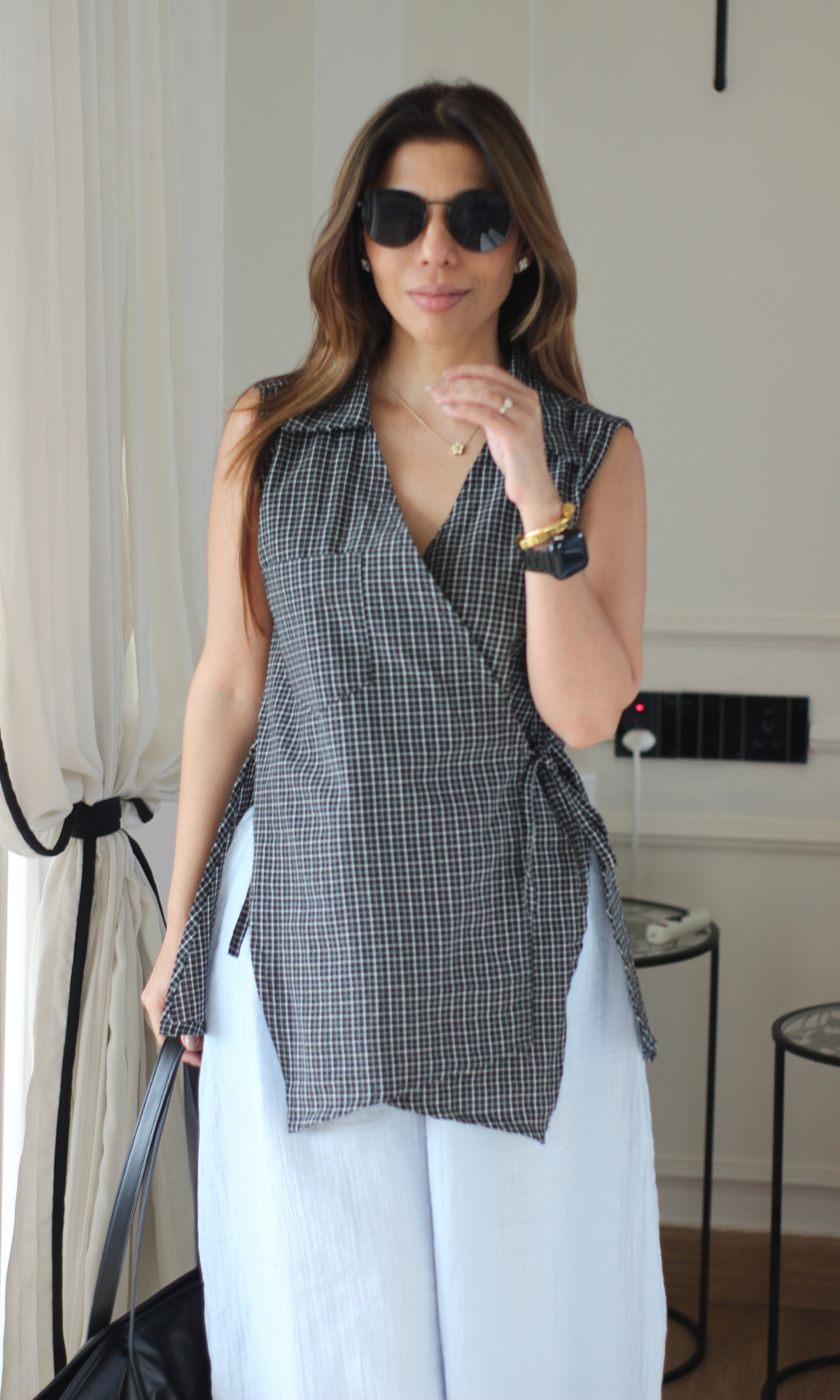 Black Check Sleeveless Kimono Top
