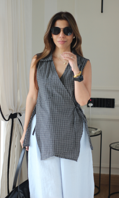 Black Check Sleeveless Kimono Top