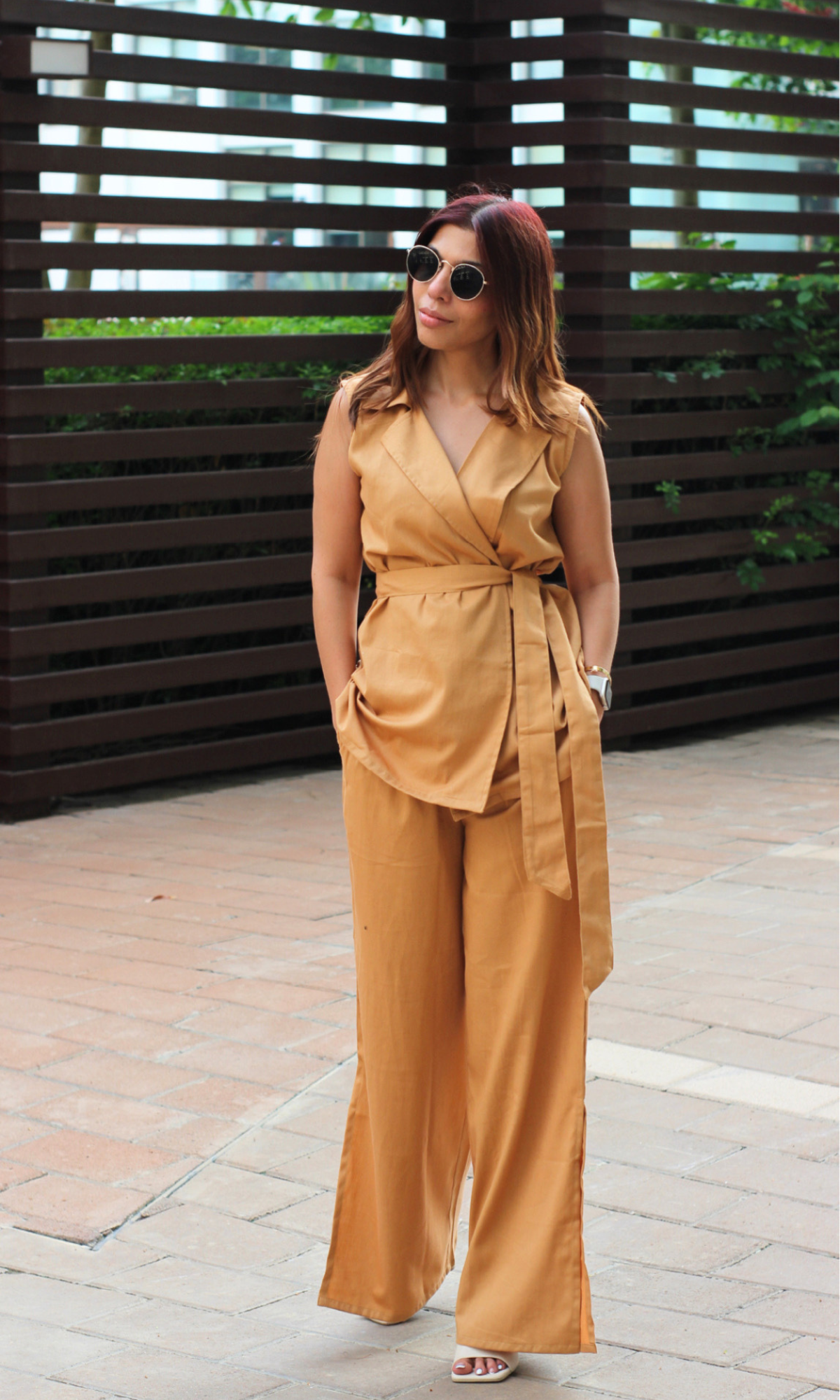 Biscoff Belted Blazer Top with Flared Pants Co-ord