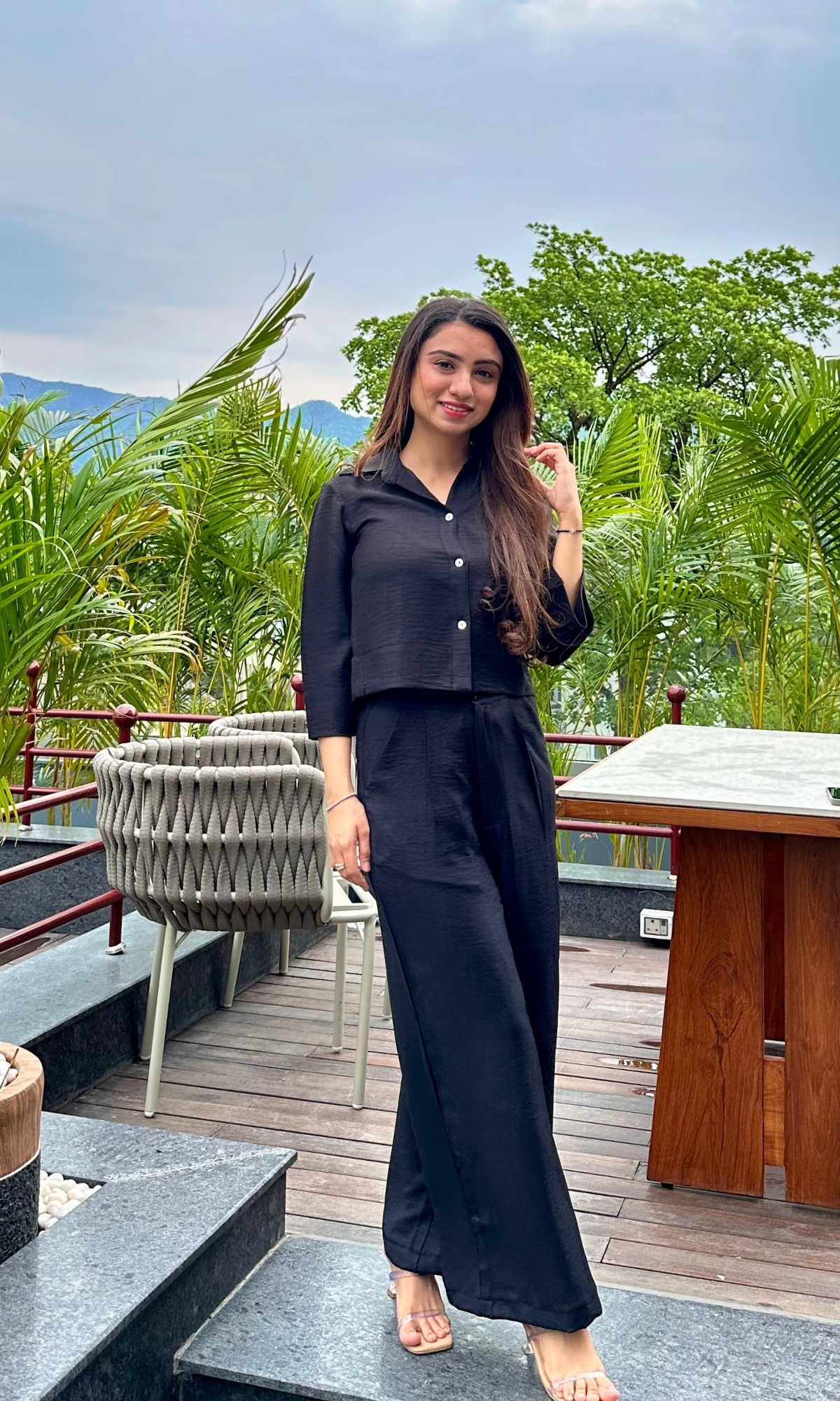 Shadow Black Cropped Shirt with Loose Pants Co-ord