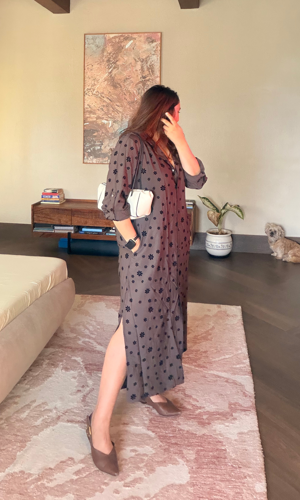 Mocha Floral Weave Shirt Dress