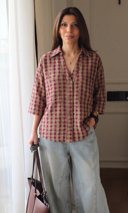 Berry & Khaki Seersucker Check Shirt