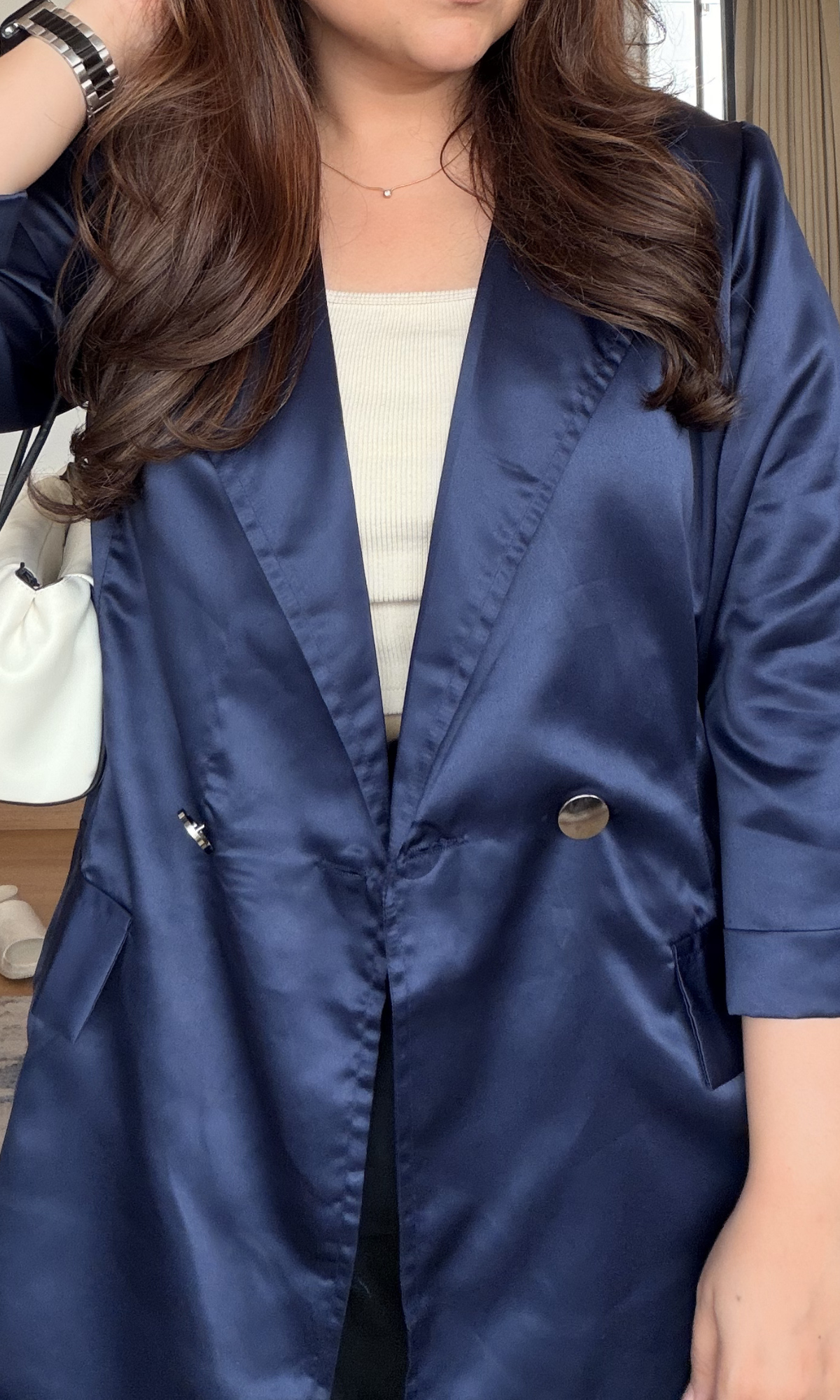 Navy Satin Double-Breasted Blazer