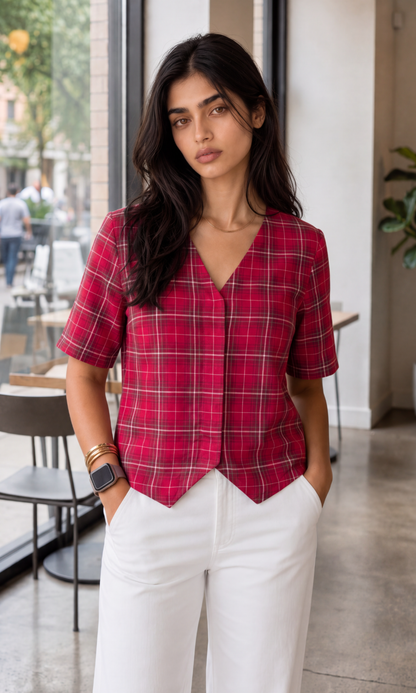 Wine Check Sleeved Cotton Waistcoat
