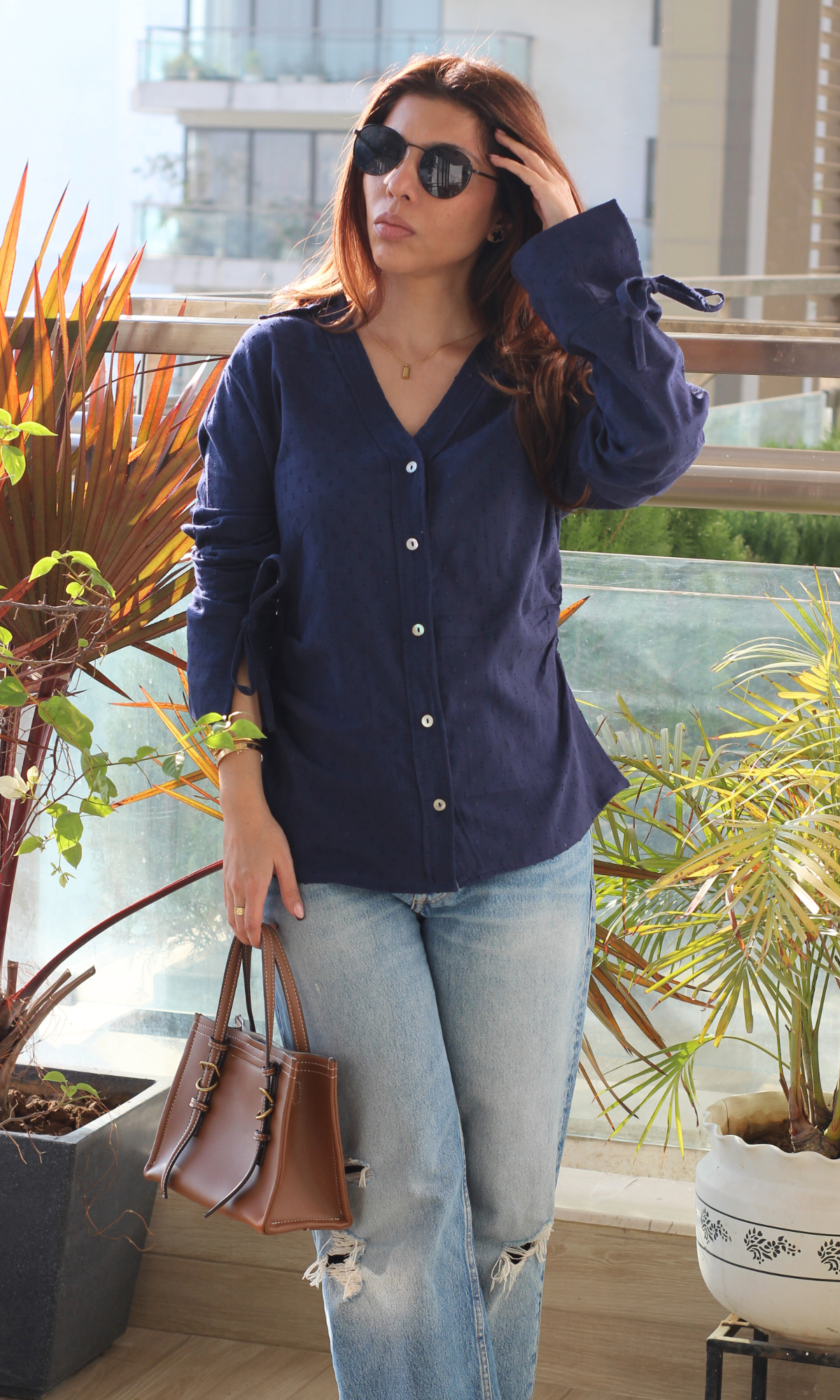 Navy Dobby String Detail Cotton Shirt