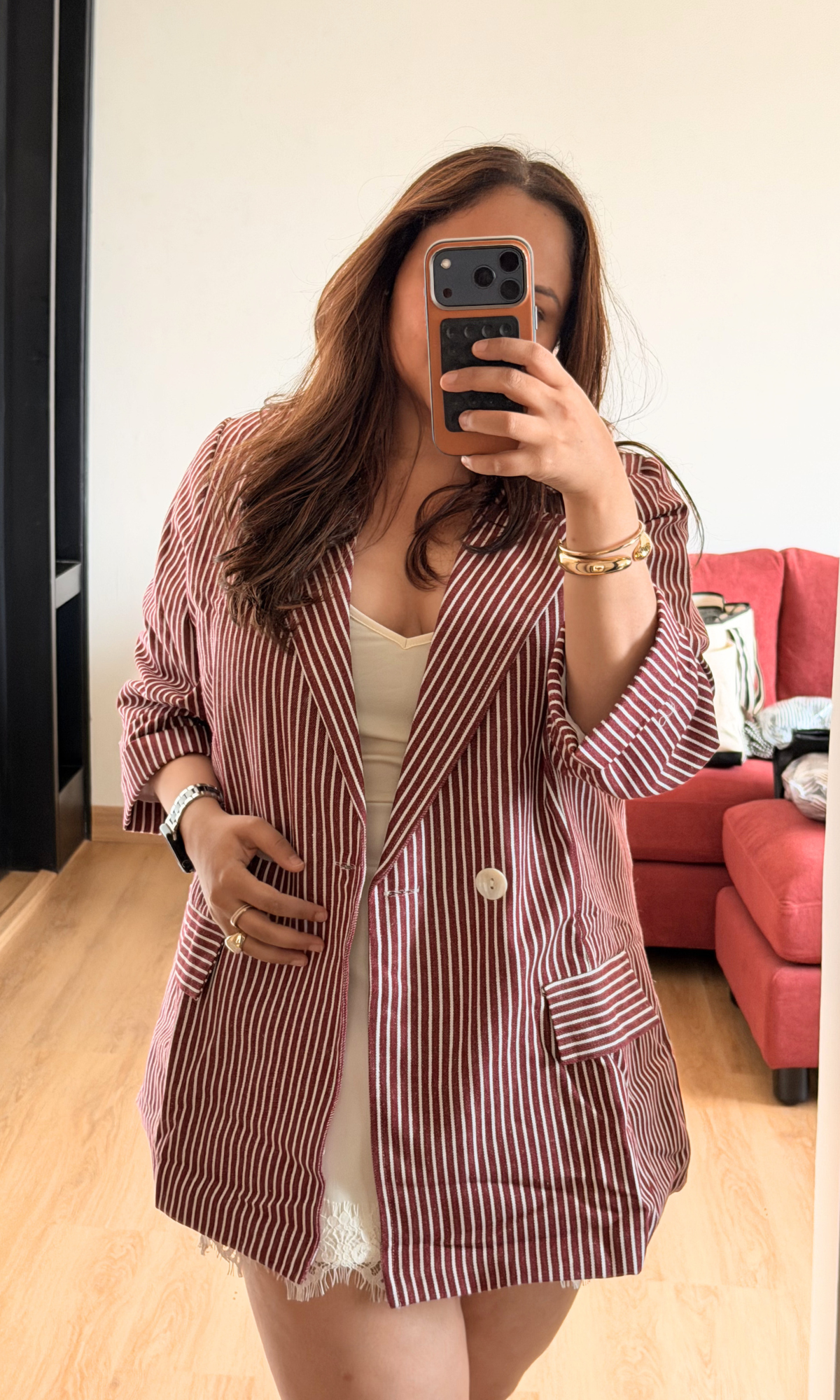 Wine Pinstripe Double-Breasted Blazer