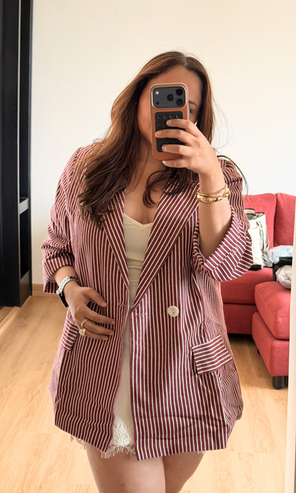 Wine Pinstripe Double-Breasted Blazer