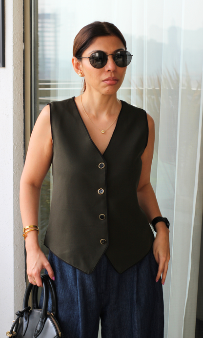 Olive Noir Piped Waist Coat