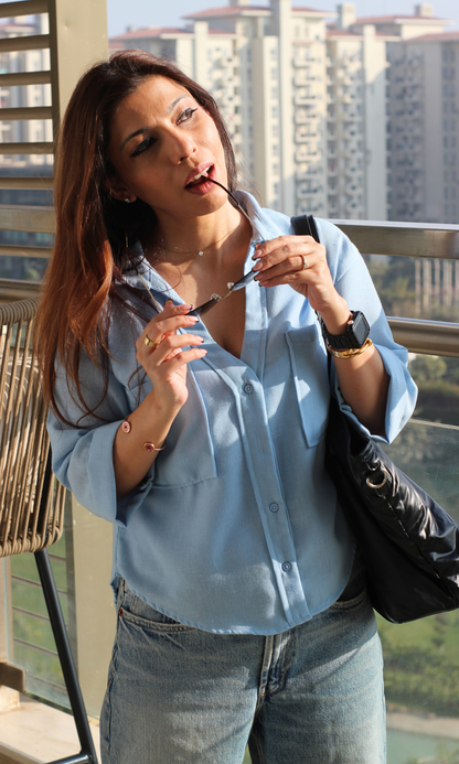 Casual women’s arctic blue cropped cotton shirt with modern relaxed drape