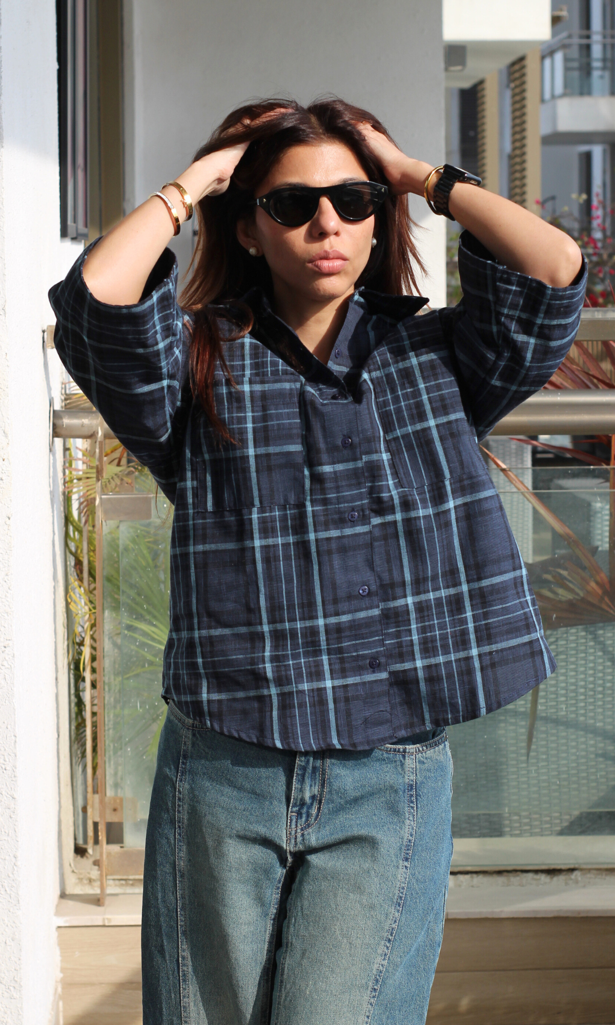 Navy Checked Flared Sleeve Shirt