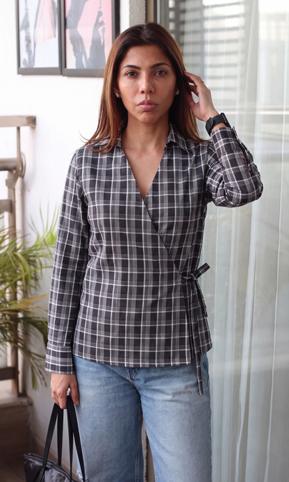 Black Check Kimono Top
