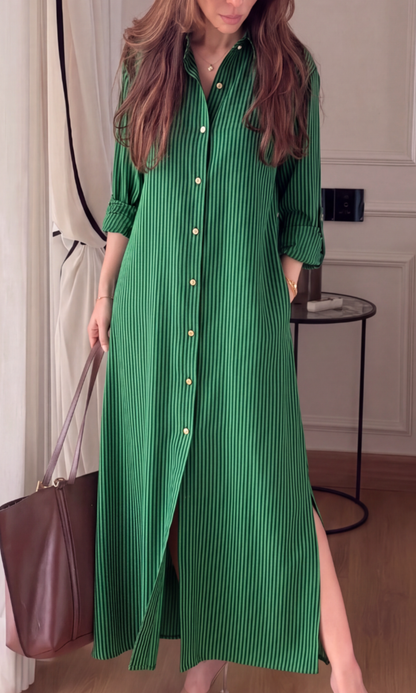 Green & Black Stripe Shirt Dress