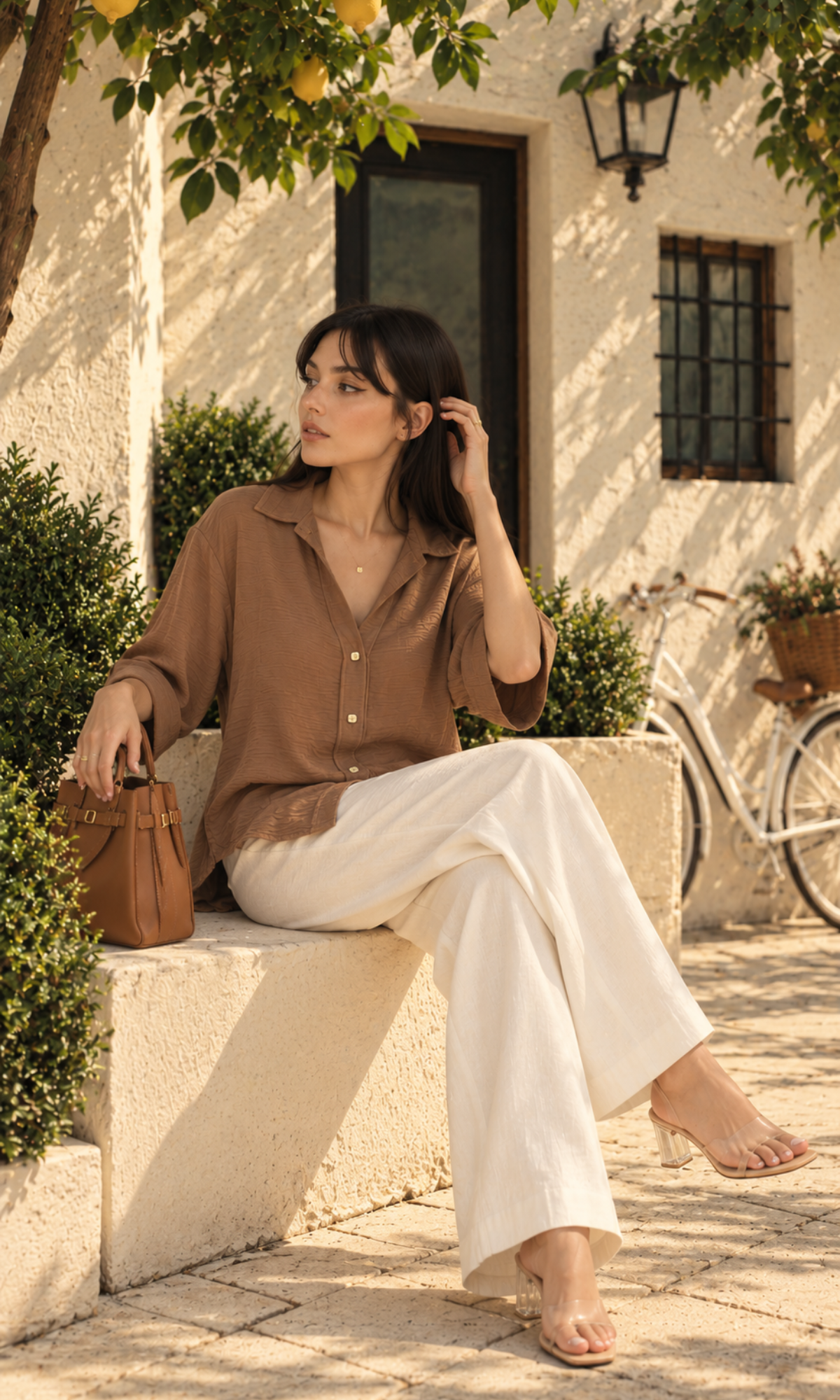 Toffee Brown Metallic-Button Boxy Shirt