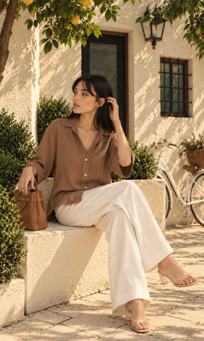 Toffee Brown Metallic-Button Boxy Shirt