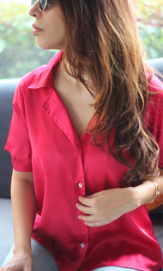 Hot Pink Half Sleeves Satin Shirt