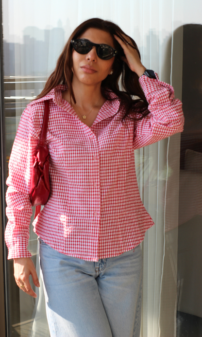 Red Gingham-Check Peplum Shirt