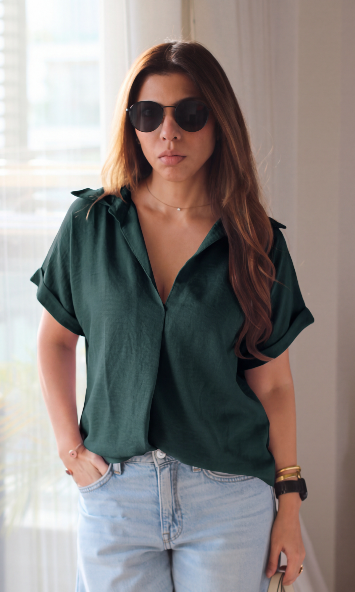 Pine Green Gathered V-Neck Top