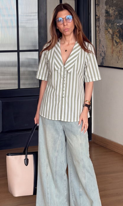 Olive Stripe Peter Pan Blouse