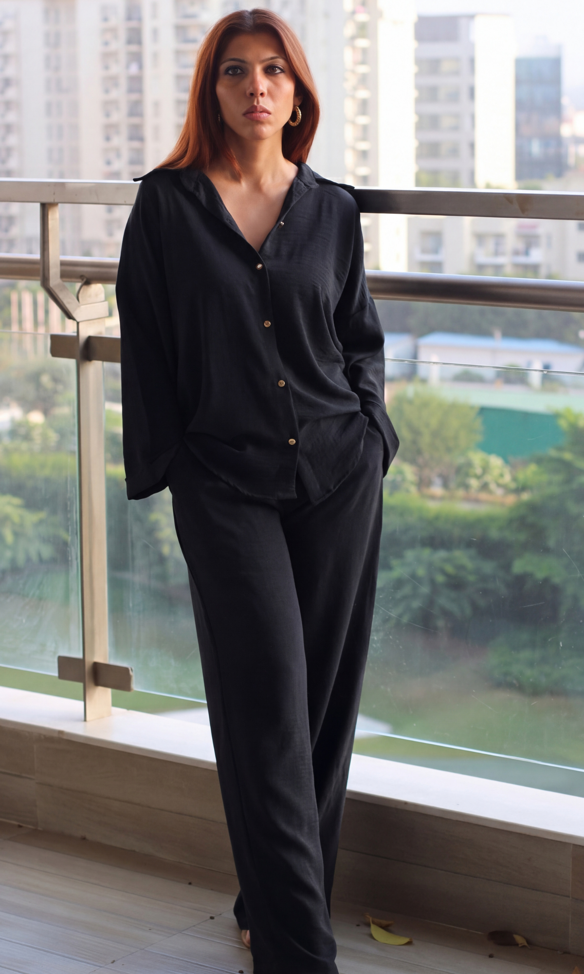 Black Metallic-Buttoned Shirt and Pants Co-ord