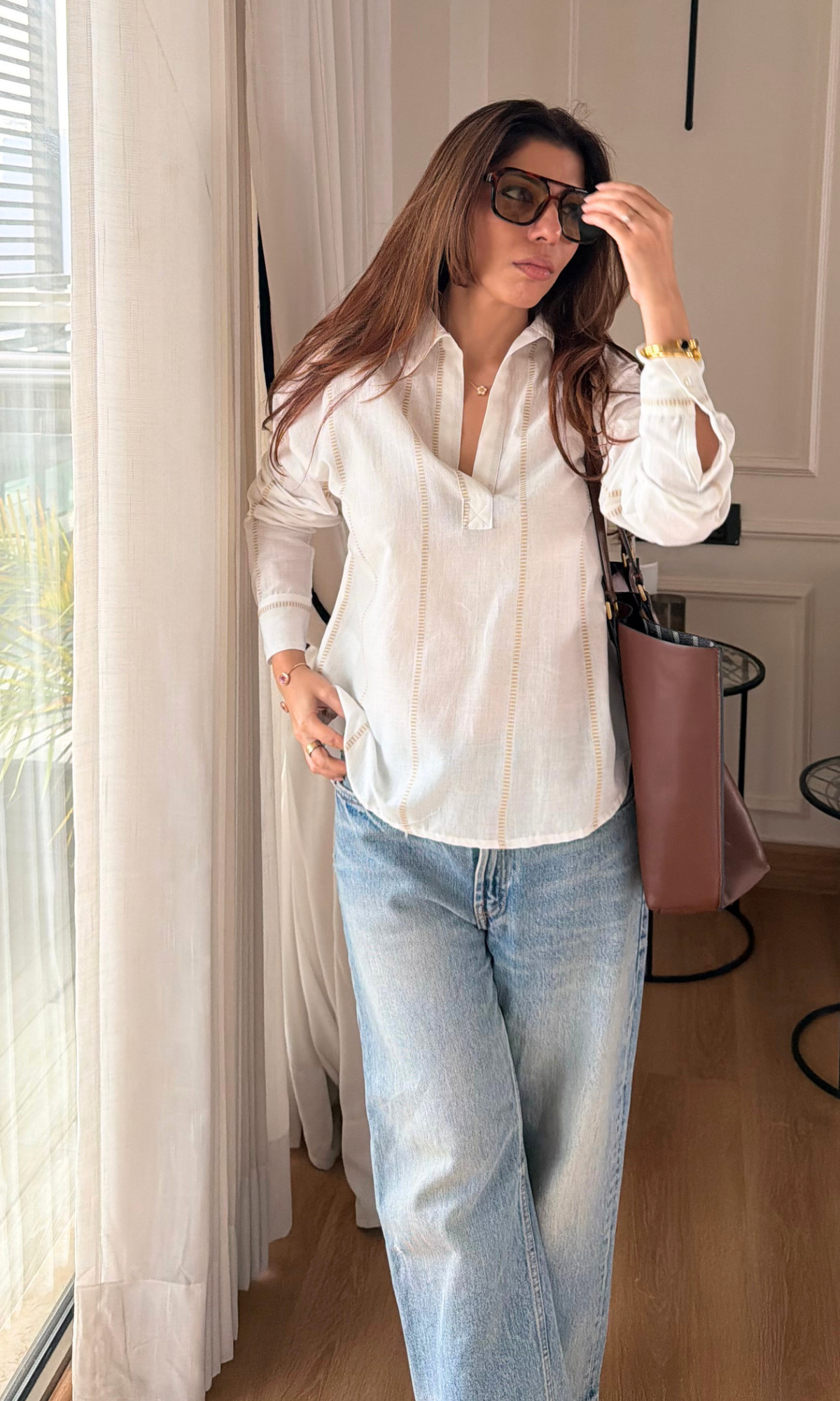 Ivory Linen Woven Stripe Popover Top