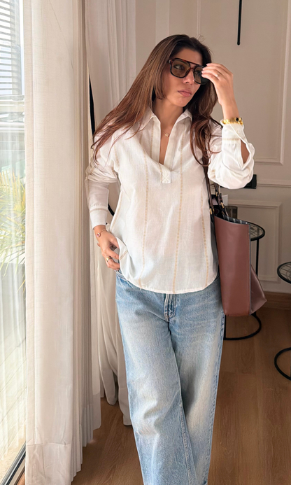 Ivory Linen Woven Stripe Popover Top
