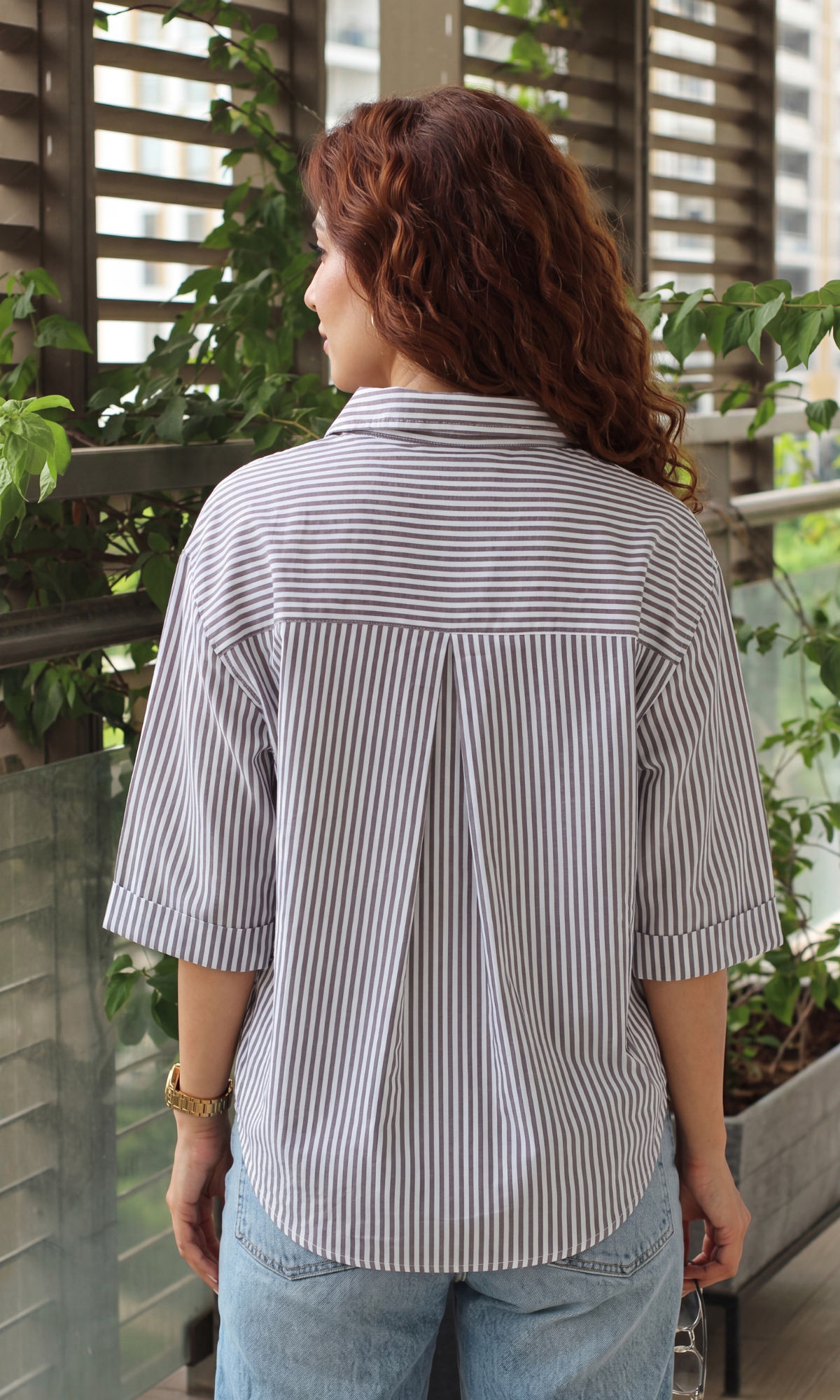 Chocolate Stripe Cropped Patch Pocket Shirt