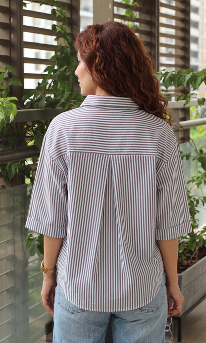 Chocolate Stripe Cropped Patch Pocket Shirt