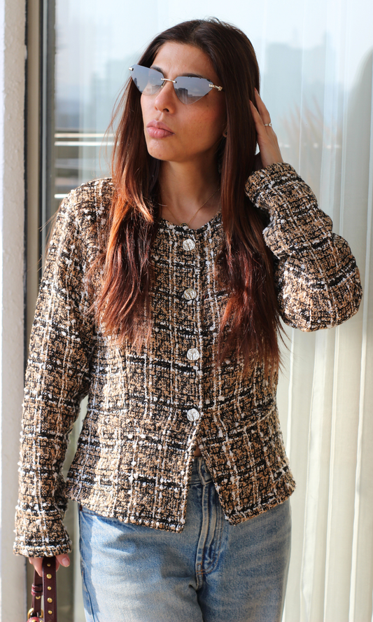 Brown Tweed Sleeved Metallic Buttoned Waist Coat