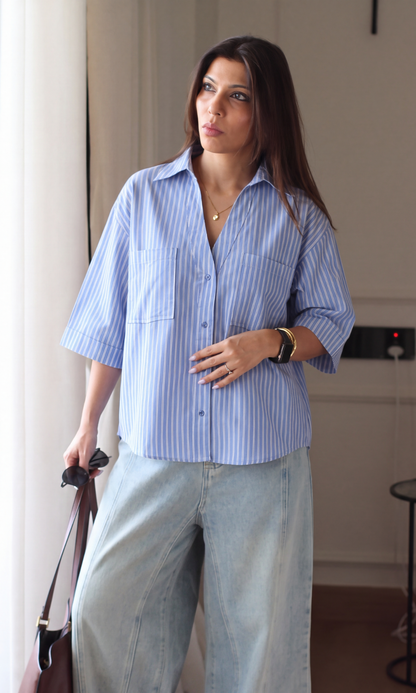 Slate Blue Striped Loose Shirt