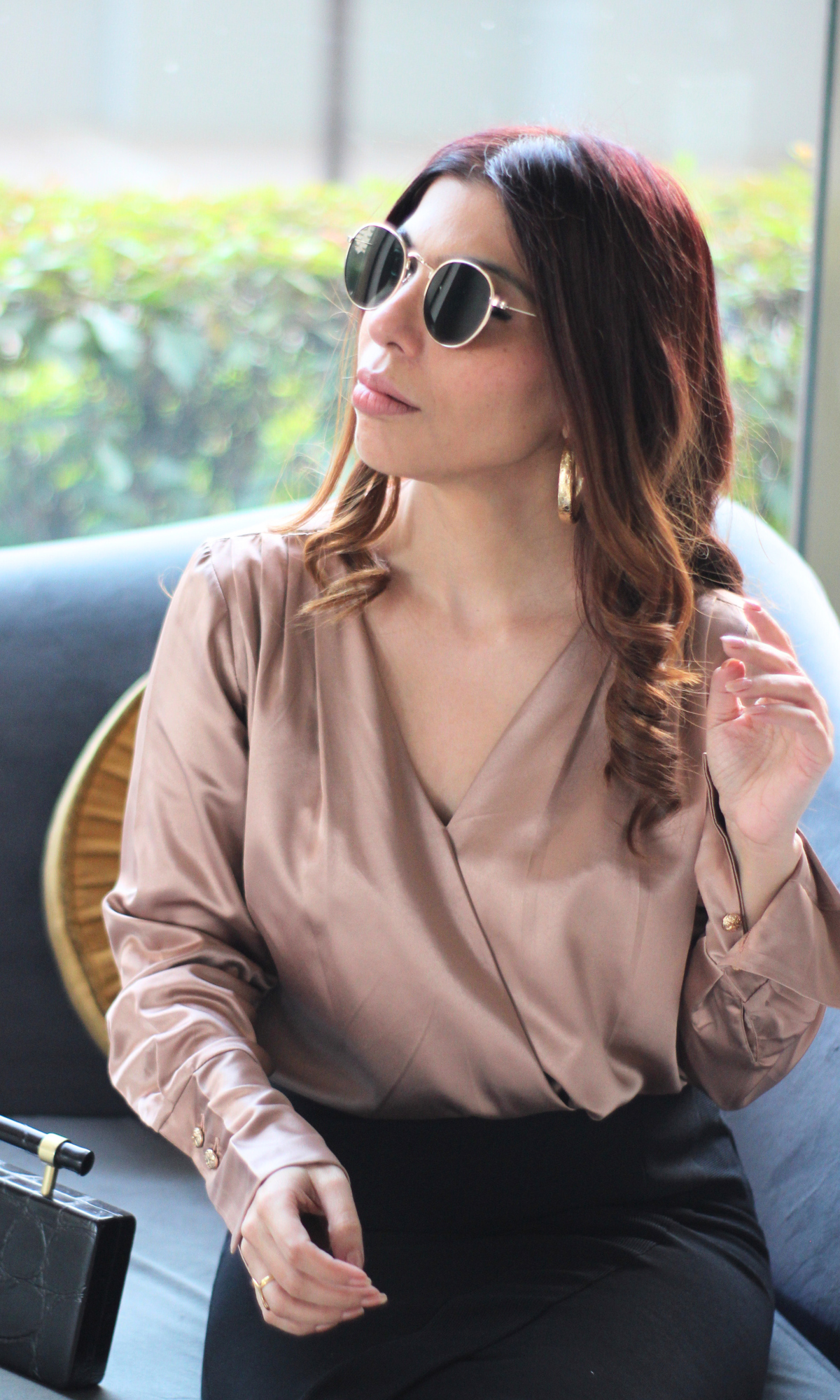 Metallic Bronze V-Neck Pleated Top