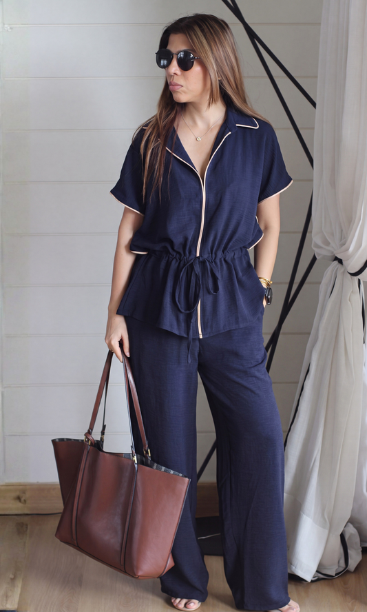 Navy Contrast-Piped Tie-Waist Shirt Co-ord
